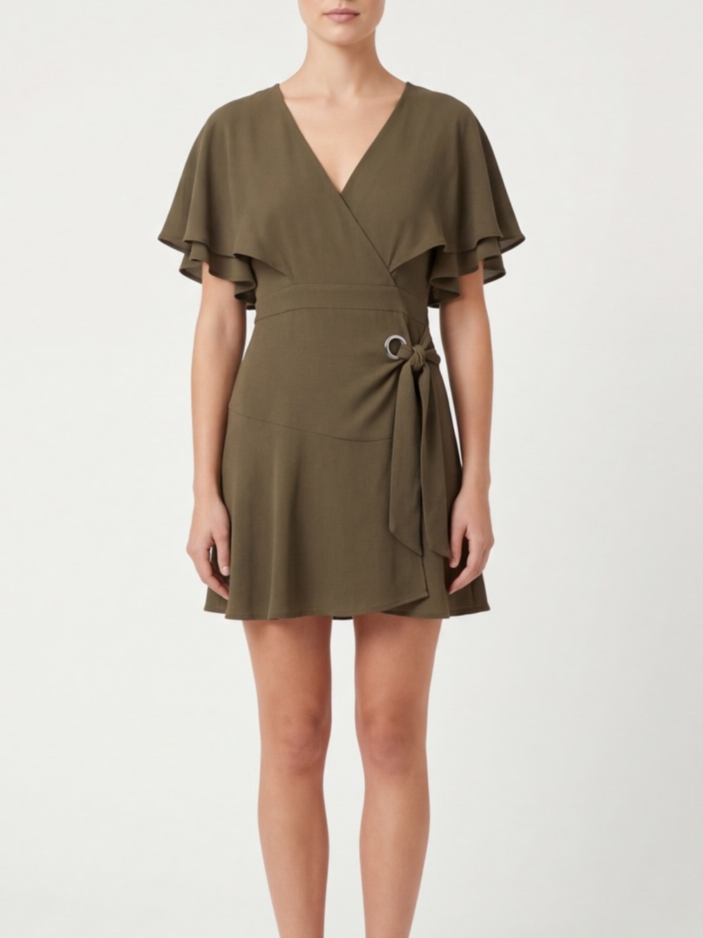 Lioness Olive Green Wrap Mini Dress Flutter Sleeve V Neck Boho Sz M